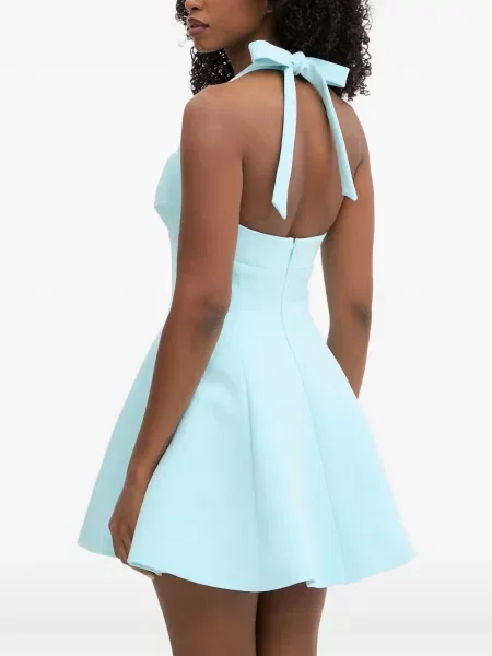 Rochie mini Bardot evazată cu gât halter albastru