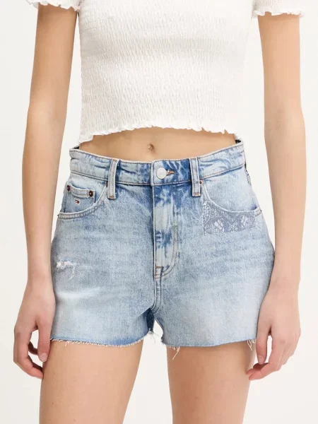 Tommy Jeans szorty jeansowe gładkie high waist niebieski