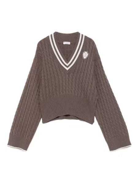 Pulover Brunello Cucinelli cu decolteu în V maro