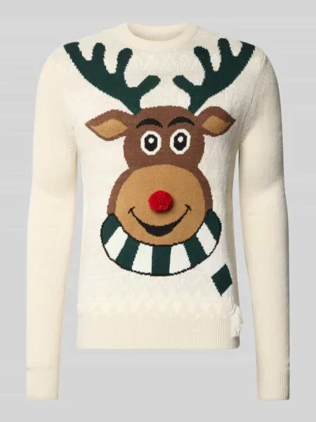 Sweter z dzianiny o kroju regular fit z wyhaftowanym motywem model RUDOLPH' Montego