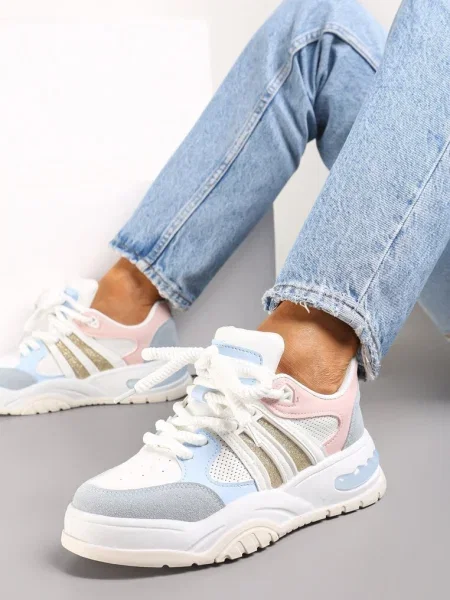 Sneakers Alb-Bleu cu Talpă Groasă cu Sclipici Lenema alb