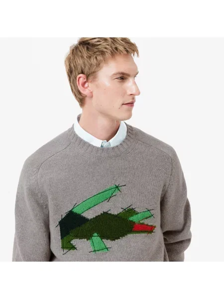 Lacoste Wełniany Sweter Z Okrągłym Dekoltem Classic Fit szary