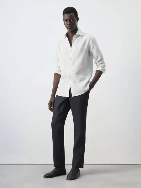 Koszula slim fit z lnu Mężczyzna XS MANGO MAN błękitny