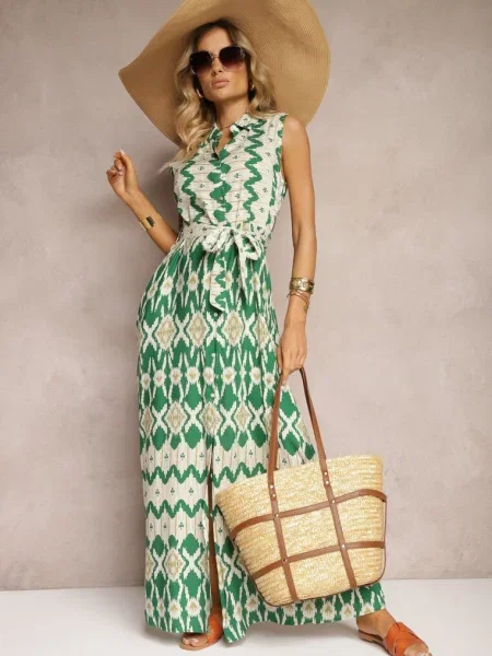 Rochie din în stil cămașă cu din textil la talie Drevima verde