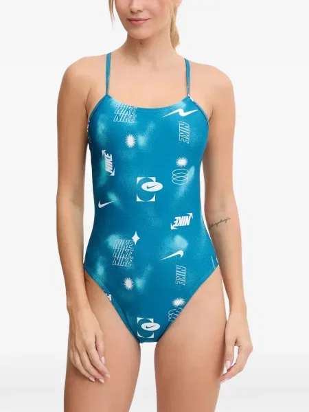 Slip de baie Nike cu cordon cu imagine tricotate albastru