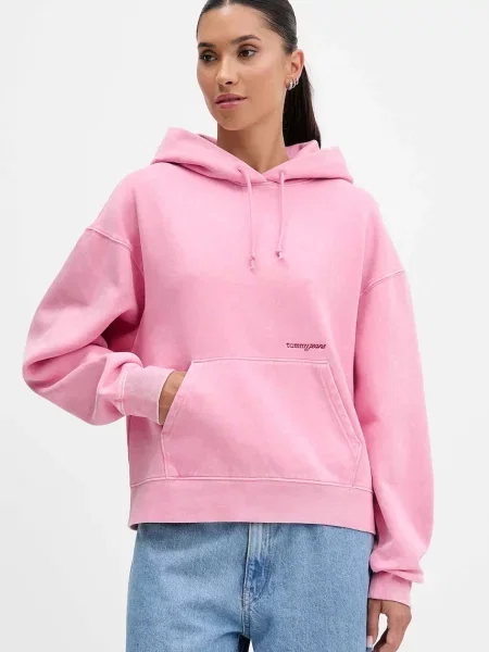 Суичър с качулка Tommy Jeans с качулка розово