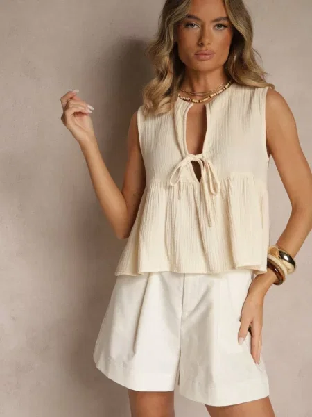 Bluzka Top z Bawełny Wiązana z Przodu z Falbanką Comila beżowa