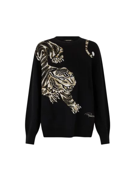 Sweter Roberto Cavalli wełniany w tygrysie prążki czarny
