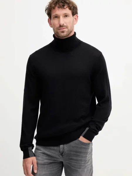 Mos Mosh sweter z dodatkiem wełny ADAM lekki z golferm czarny