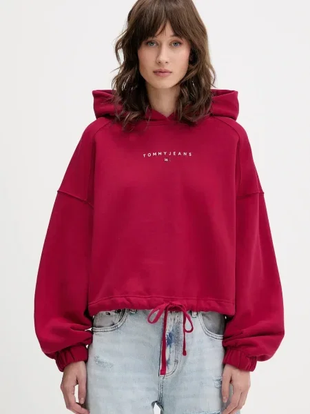 Суичър с качулка Tommy Jeans с качулка с принт розово