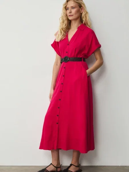 Medicine sukienka rozkloszowana z lnem różowa