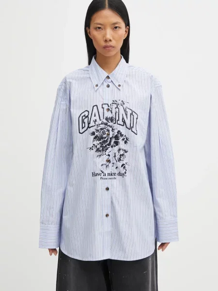 GANNI cămașă din Stripe Cotton Oversized cu guler clasic relaxed