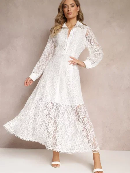 Koszulowa Sukienka Maxi z Ozdobnymi i Cyrkoniami z Koronkowej Tkaniny Armina biała