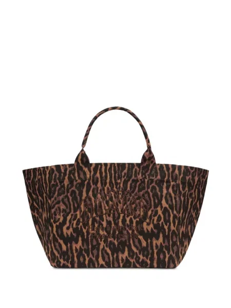 Geantă shopper Ganni cu broderie cu model leopard maro