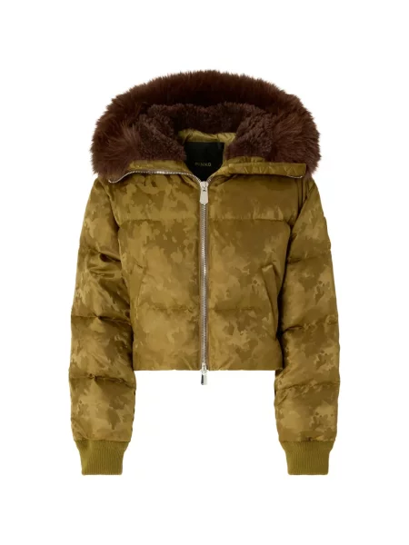 Scurt geacă cu puf Pinko din satin cu model camuflaj verde