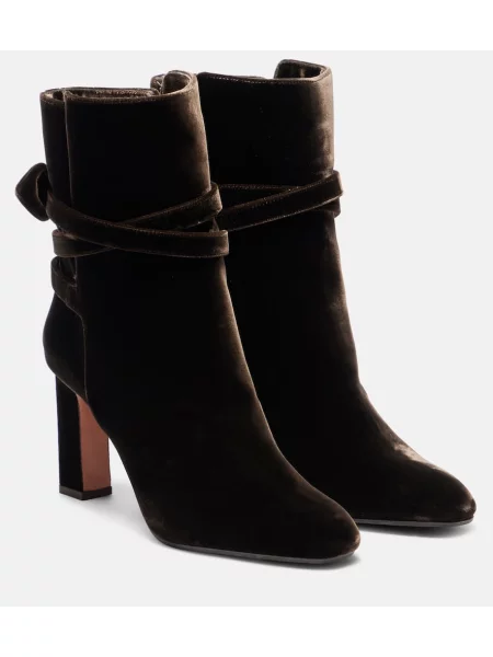 Čevlji do gležnjev Aquazzura z lokom iz rebrastega žameta rjava