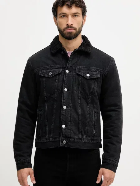 Дънково яке Pepe Jeans преходен модел с уголемена кройка черно