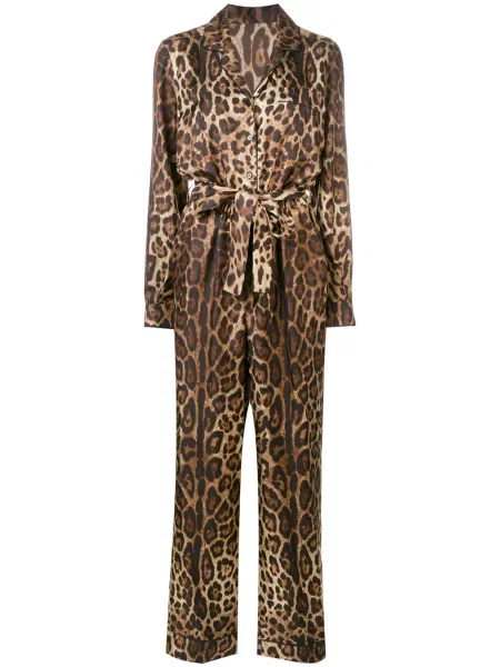 Salopetă Dolce & Gabbana de mătase cu imagine cu model leopard maro