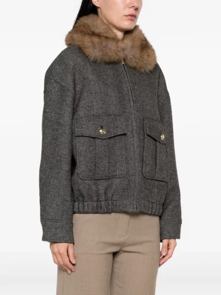 Gulerat geacă Maje cu model herringbone cu blană gri