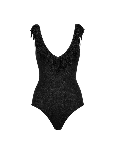 Dzianinowy body Simona Corsellini z frędzli z głębokim dekoltem czarny