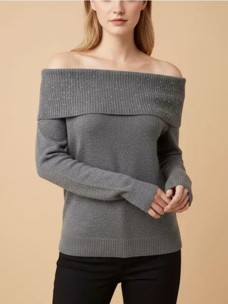 Светр із стразами та вирізом човником з домішкою вовни темно-сірий сірий