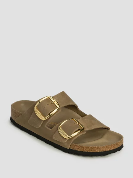 Klapki Birkenstock skórzane na sprzączkę beżowe