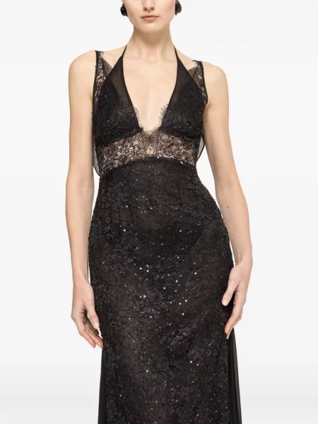 Rochie maxi Nissa din dantelă cu mărgele negru