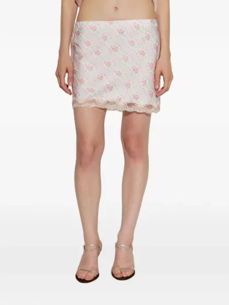 Fusta mini Loveshackfancy cu model floral cu imagine din dantelă roz