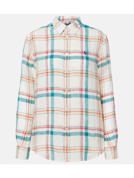 Lanena srajca Polo Ralph Lauren s karirastim vzorcem bela