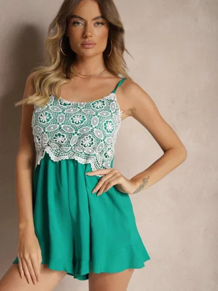 Kombinezon ze Wstawką z Koronki na Cienkich Ramiączkach Tiritana zielony
