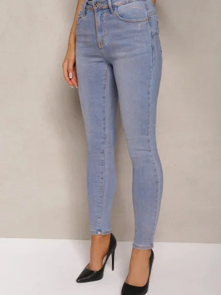 Blugi Albaștri Skinny cu Decolorări din Vopsea Aurie Tilacema albastru