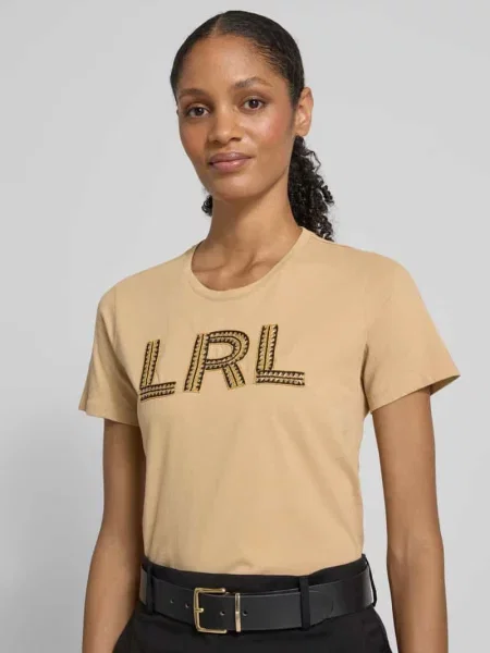 T-shirt z haftem i okrągłym dekoltem model ‘KATLIN’ beżowa