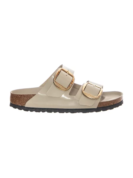 Klapki Birkenstock skórzane na sprzączkę na płaskim obcasie beżowe