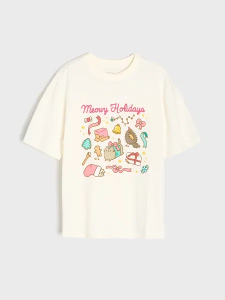 Sinsay oversize tričko s potiskem Pusheen the Cat krémová