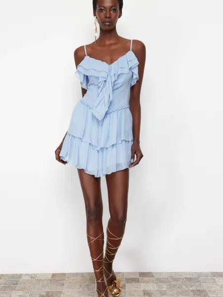 Obleka Trendyol iz šifona z volani a-linija modra