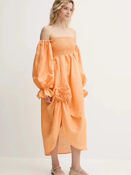Льняна сукня The Sleeper midi розкльошена помаранчевий