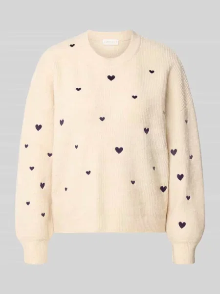 Sweter z dzianiny z okrągłym dekoltem i haftami Apricot biały
