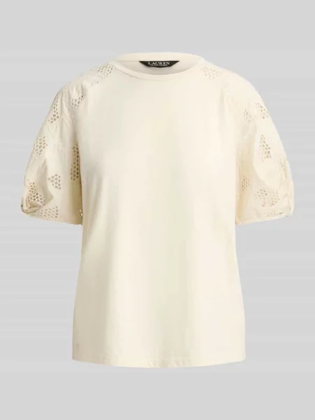 T-shirt o kroju relaxed fit z czystej bawełny z rękawami z ażurowej koronki Lauren Ralph Lauren