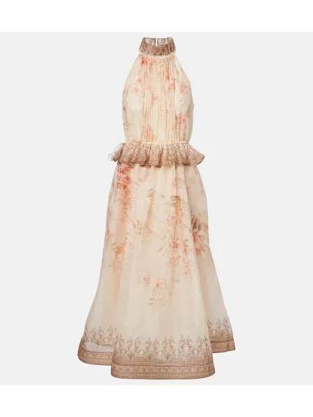 Rochie midi Zimmermann de in cu model floral până la genunchi bej