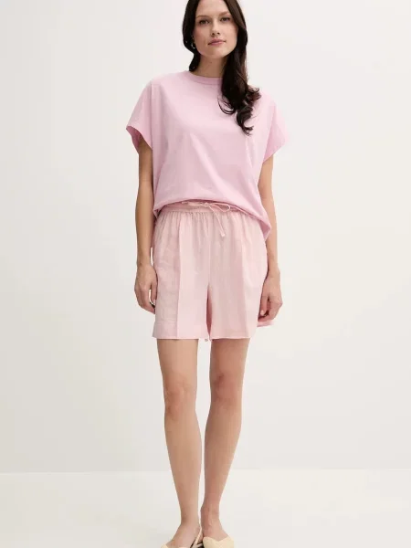 Лляні шорти United Colors of Benetton однотонні висока посадка рожевий