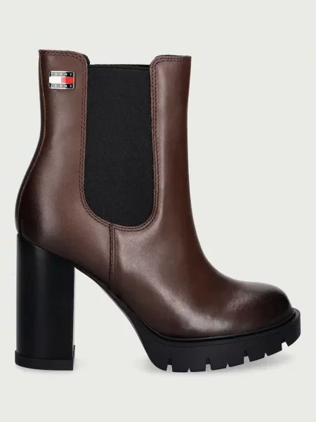 Cizme Tommy Jeans din piele cu toc înalt maro