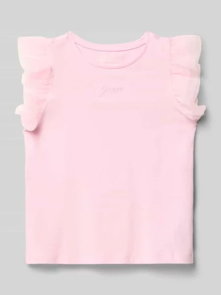 T-shirt z haftowanym logo i dekoltem w stylu crew neck Guess różowa