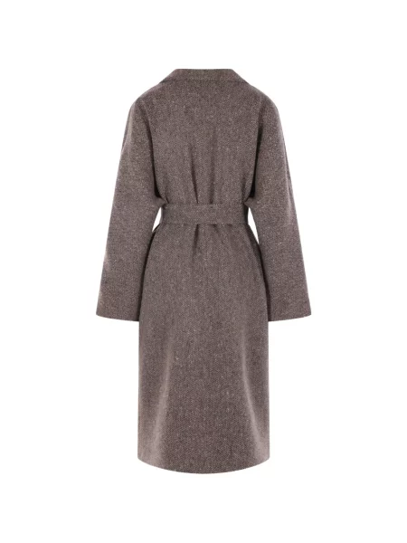 Cu centură palton Kiton cu model herringbone maro