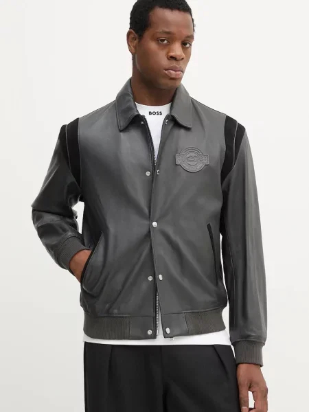 BOSS geacă de piele de tranziție gri