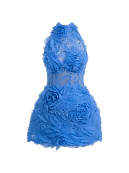 Rochie Gemy Maalouf cu model floral cu aplicații cu gât halter albastru