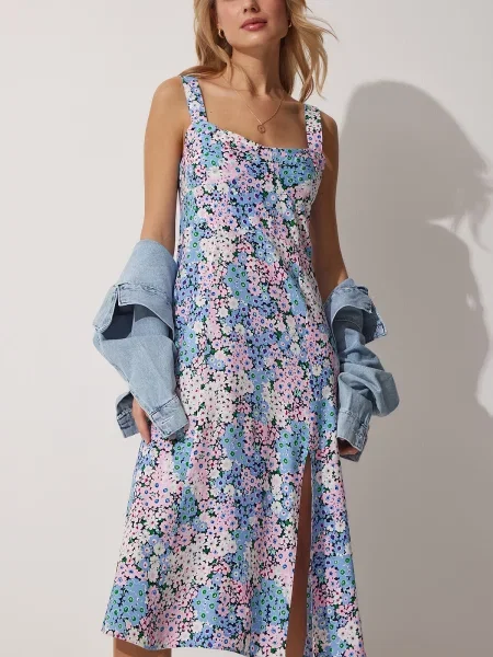Gulerat rochie Happiness İstanbul cu model floral albastru