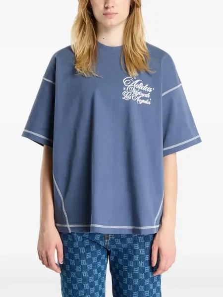 Tricou Adidas din fleece cu dungi scurt albastru