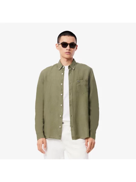 Lacoste Lniana Koszula Button-Down Regular Fit Khaki zielony