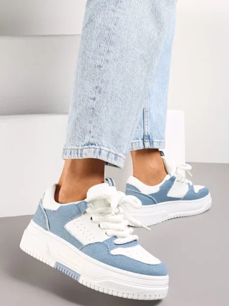 Sneakers Alb-Bleu pe Platformă cu șireturi late Viletra alb