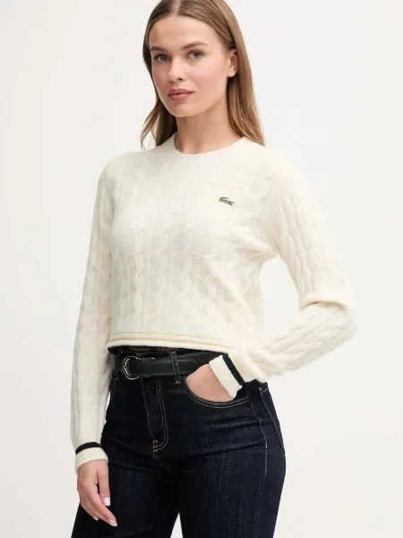 Lacoste sweter z dodatkiem wełny beżowy biały